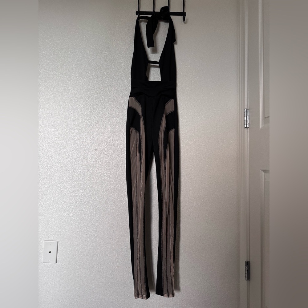 Black and Gray Striped Jumpsuit with Sheer Panels